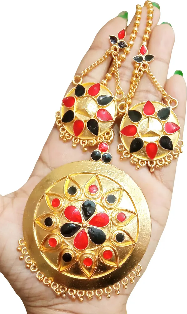 Assamese_Traditional_Gold_Plated_Red_Black_Color_Japi_Chain_Jewellery_Set_For_Women